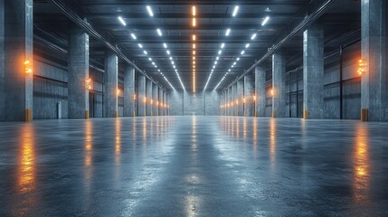 Futuristic Industrial Interior: A Modern Warehouse with Sleek Design and Bright Lighting