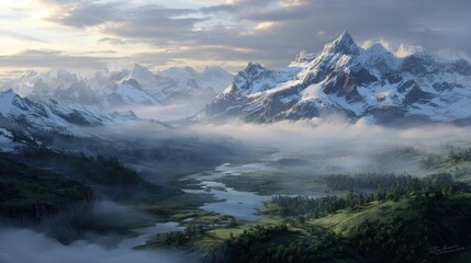 Fototapeta premium Majestic Snow Capped Mountains and Serene Valley Landscape at Sunrise