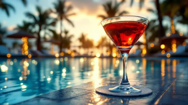 Red cocktail on table beside infinity pool with glowing reflections and palm trees at sunset. Concept of luxury tropical rest and stylish leisure