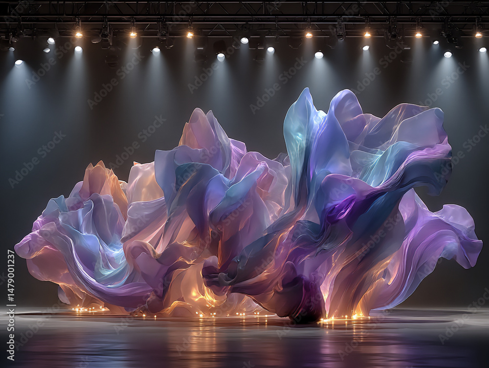 Poster dreamlike 3d rendering of a stage backdrop with flowing abstract ribbons of neon purple and blue, il