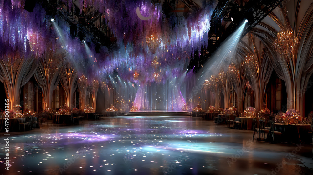 Poster dreamy 3d rendering of a stage backdrop with cascading violet wisteria and soft purple spotlights fi