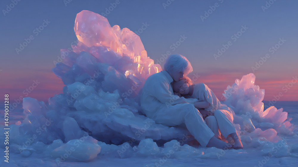 Aufkleber dreamy and serene 3d rendering illustration of two ethereal figures embracing on a floating island s