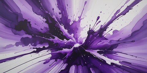 Obraz premium Dynamic burst of abstract purple ink splashes on white background, featuring fluid motion and expressive energy in a vibrant watercolor explosion of artistic creativity