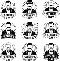 Happy Father’s Day Typography Silhouette with Bow Tie & Mustache Doodle Father’s Day Banner Lettering with Mustache & Bow Tie Icons | Vector Set