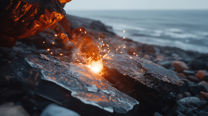 Fototapeta premium Sparkler Ignition on Rocky Shore