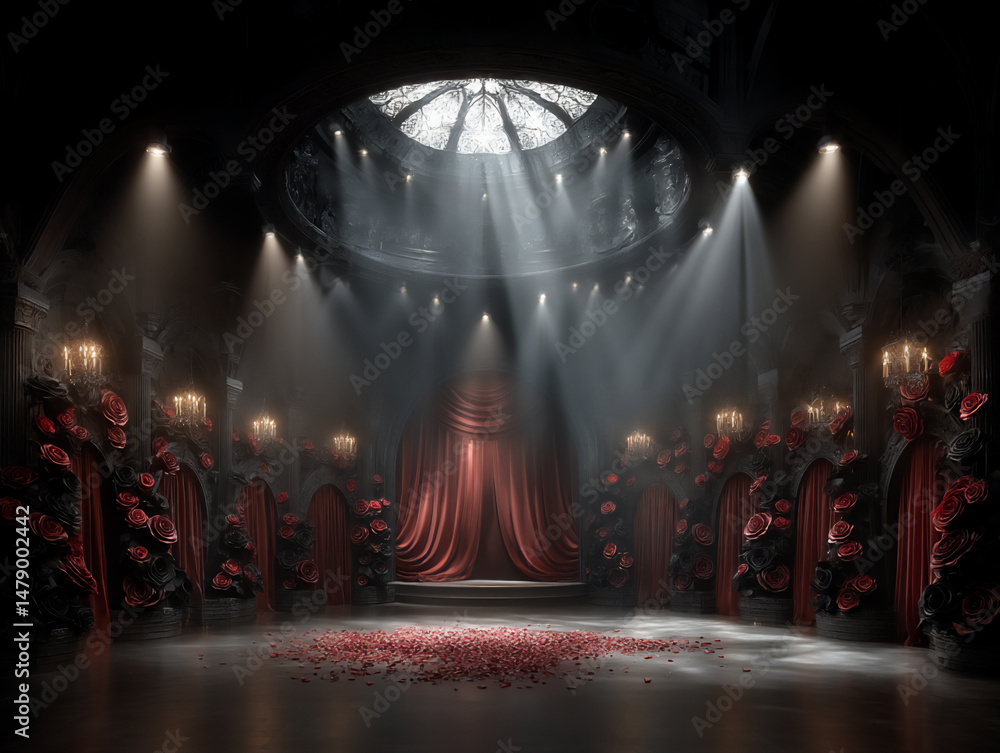 Poster lavish 3d rendering of a stage backdrop with gothic black roses and deep red spotlights with swirlin