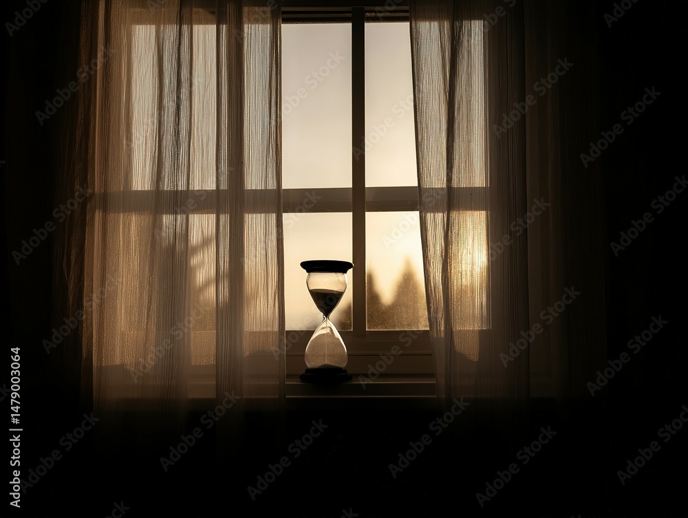 Poster time passing through a window draped in sheer curtains.