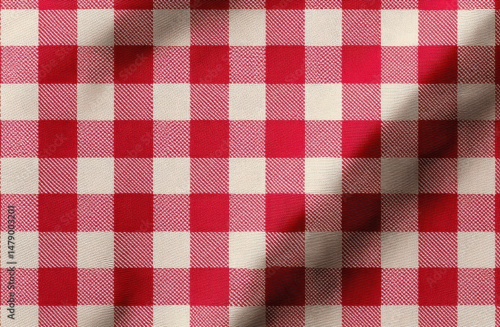 Poster close-up view of a red and cream gingham fabric texture.