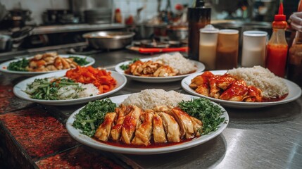 Obraz premium Delicious Asian Cuisine Dishes Served on Plates in Restaurant Kitchen