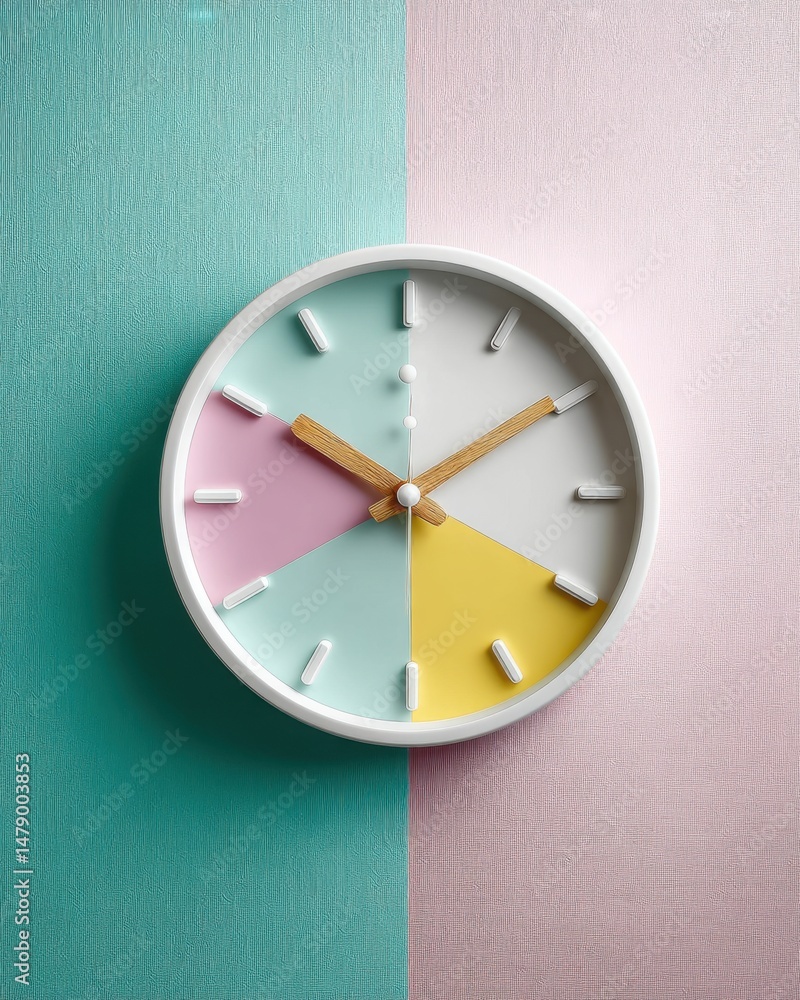 Poster pastel color block clock on textured background