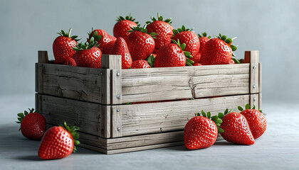Fresh strawberries in wooden crate displayed diagonally for market concept and design with copy space
