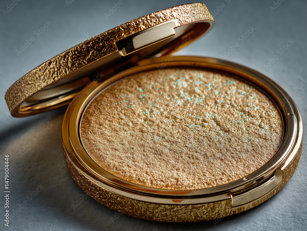 Poster sharp and sophisticated product close-up photograph of a gold circular lid with soft, diffused light