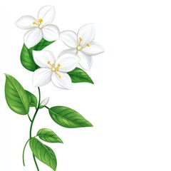 Fototapeta premium Delicate white blossoms on a stem with vibrant green leaves