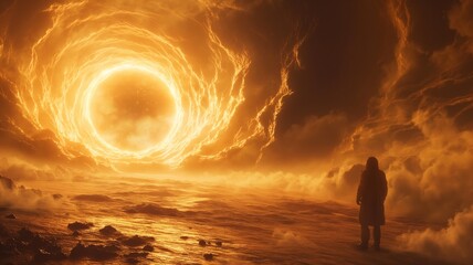Obraz premium Cosmic wanderer admires the fiery portal on an otherworldly shore during a surreal sunset