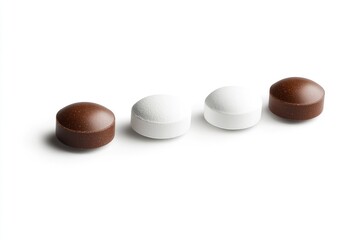 Obraz premium Three pills, two white and one brown, arranged in a row on a white background