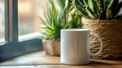 White mug mockup natural window light.
