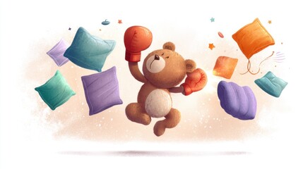 Obraz premium Playful Brown Teddy Bear Boxing with Colorful Pillows