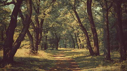 Naklejka premium Vintage forest landscape illustration - timeless scenery in nature. [Silicon Wilderness] | RAM Grove | memory forest. Illustration