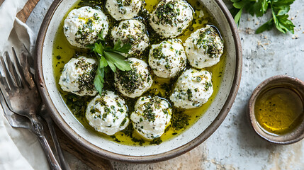 A bowl of cheese balls with parsley and olive oil