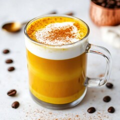 Obraz premium Creamy turmeric latte with cinnamon topping and coffee beans