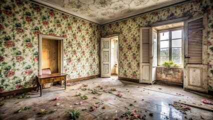 Fototapeta premium Abandoned empty room with flowery wallpaper and peeling paint