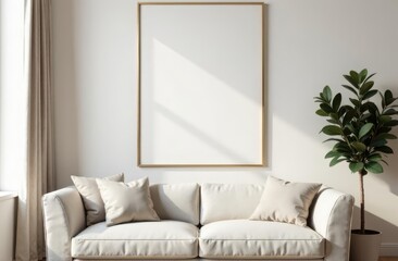 Mock up of a couch and a picture frame, sunny room, beige, minimalistic aesthetic
