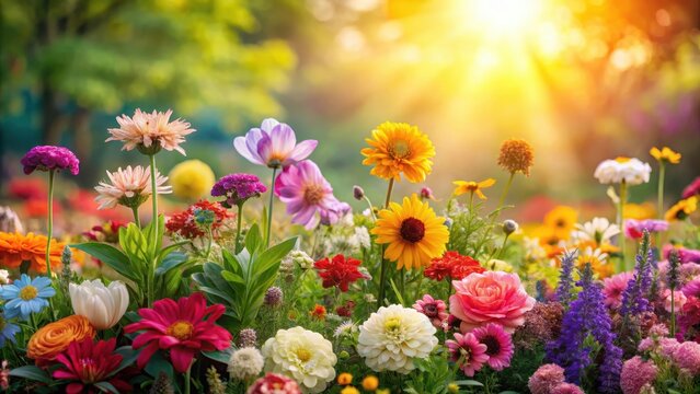 A beautiful garden full of vibrant flowers with a mix of pastel colors and bold hues, set against a warm sunny background , yesterday today tomorrow flower, blooming flowers