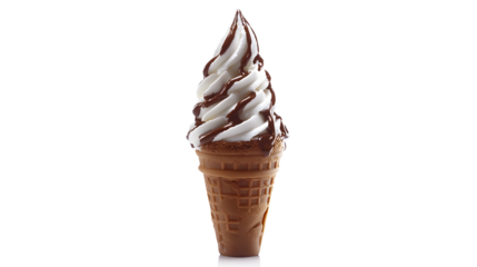 A scoop of ice cream in a cone with chocolate sauce on top