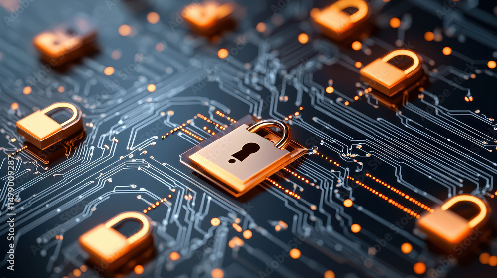 Poster conceptual image of digital security featuring multiple padlocks on circuit board background, symbol