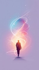 Silhouette of Person Walking Through Glowing Colorful Light Trails