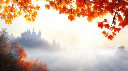Majestic medieval castle surrounded by vibrant autumn leaves and misty landscape, evoking sense of tranquility and wonder