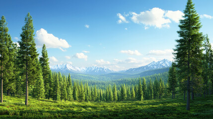 Lush green forest landscape with majestic mountains in background, showcasing serene and tranquil environment