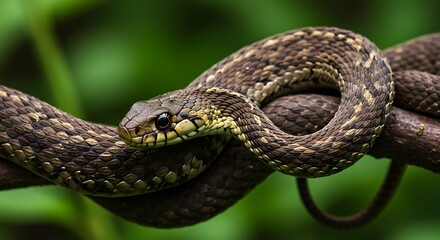 Garter Snake Coiled on a Branch in Natural Habitat