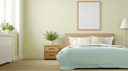 Serene bedroom featuring light green wall, cozy bed with soft bedding, and bedside table with plant. natural light enhances calming atmosphere