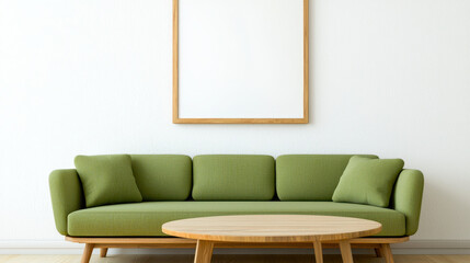 Modern green sofa with cushions and round wooden coffee table in minimalist living room setting, creating cozy atmosphere