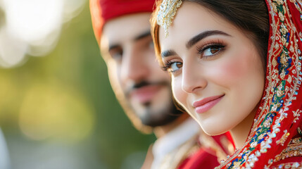 Beautiful couple in traditional attire, showcasing vibrant colors and intricate details, radiating joy and love during cultural celebration