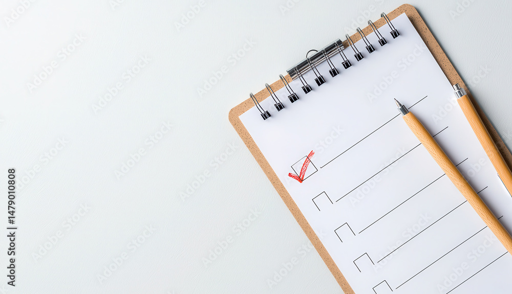 Poster blank checklist on notepad with red checkmark and two wooden pencils, symbolizing organization and p