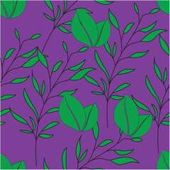 Purple color background with a green leaf and black outline border pattern