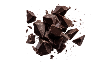 A pile of chocolate pieces on a white background