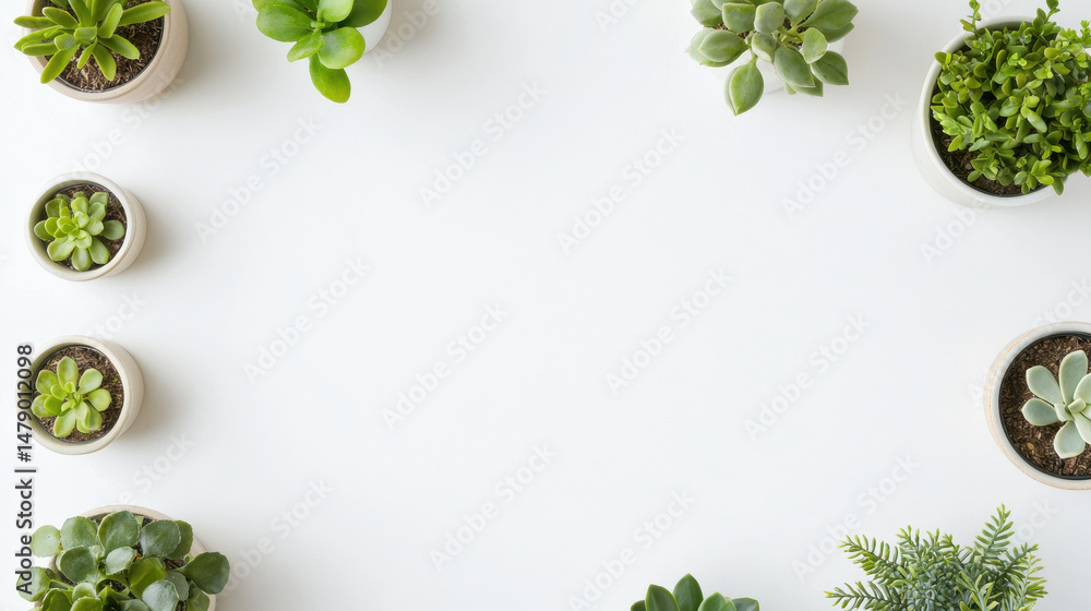 Poster top view image of various potted plants arranged on white background, creating serene and calming at