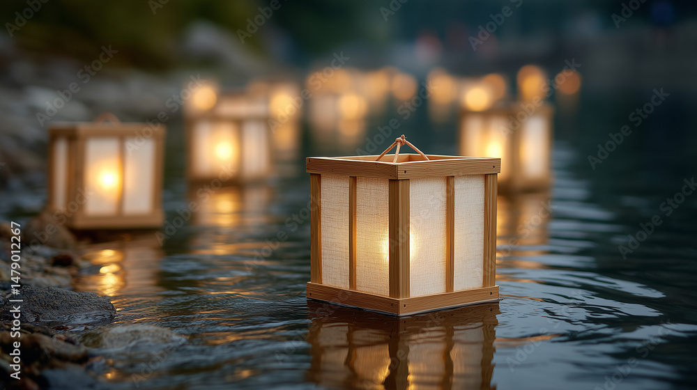 Poster floating lanterns serenity: enchanting scene unfolds as glowing lanterns gracefully float upon the t