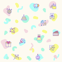 Vector illustration of a cute Birthday And party. Collection of celebration, event, cake, Firecracker, invitation, letter, gift, festival, mirror ball and other elements. Isolated on beige.