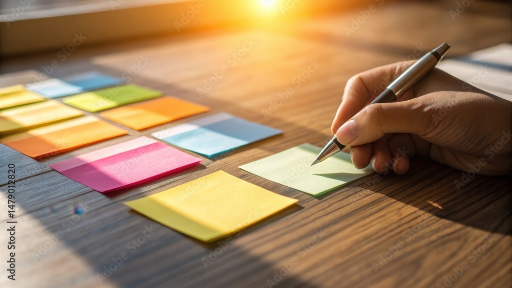 Aufkleber goals productivity to-do list concept. hand writing on sticky notes with a warm light backdrop.