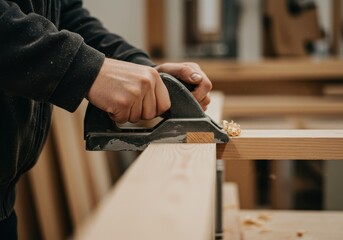 A person is using a hand plane on a wooden board in a woodworking shop to smooth the surface