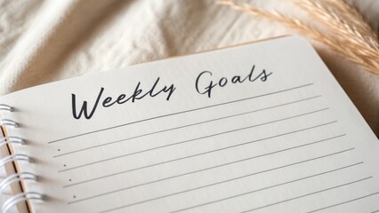 goals productivity to-do list Concept. Weekly planner open to "Weekly Goals" section with decorative backdrop.