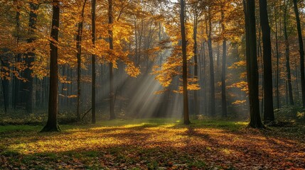 Obraz premium Autumnal Forest: Sunbeams Dance Through Golden Leaves