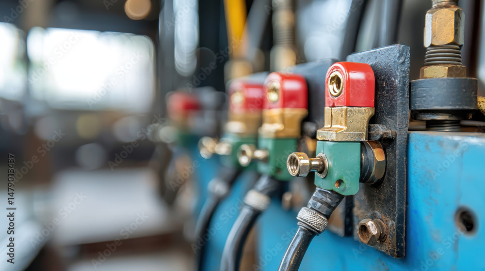 Poster industrial valve system with red and green controls, showcasing precision engineering and functional
