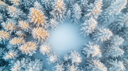 Aerial View of a Snow Covered Forest with a Circular Opening in the Center