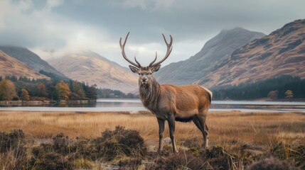 Fototapeta premium A majestic deer stands in a field, surrounded by mountains and a lake