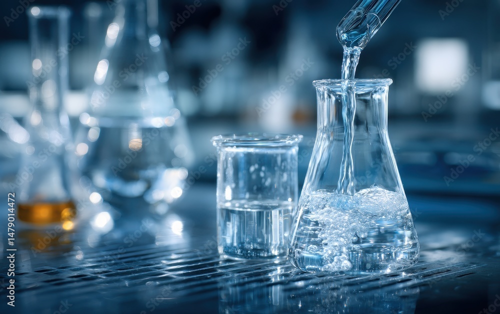 Poster clear liquid being poured into a flask in a laboratory setting.